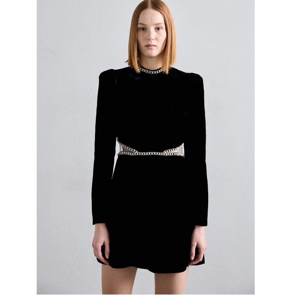 Sandro Maryline Embellished Black Velvet Mini Dress 42 US 10 Long Sleeve NWT